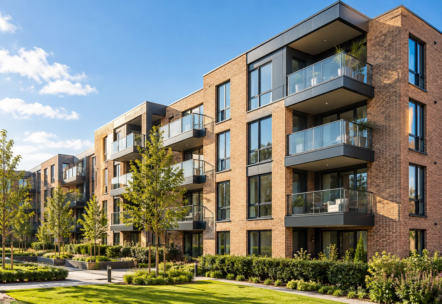 Illustrative modern brick apartment buildings with landscaped grounds